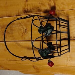 Vintage Black & Green Metal Wire Basket with leaves and apples